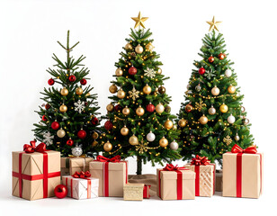A trio of festive evergreen trees brightly decorated with ornaments and surrounded by holiday gifts.