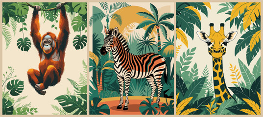 Set of retro jungle posters featuring exotic animals like zebra, gorilla, and giraffe in bold vintage style. Trendy colorful wall art, print, or card design. Vector flat illustrations.