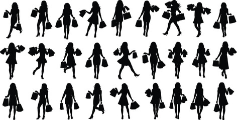 Shopping woman silhouette collection, female shoppers with bags, fashion shopping icons, stylish girls walking, retail consumer vector art illustration