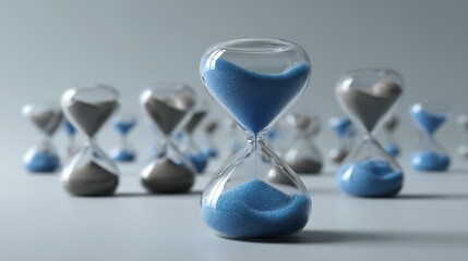 Collection of identical gray hourglasses with blue and gray sand - concept of time and futurity