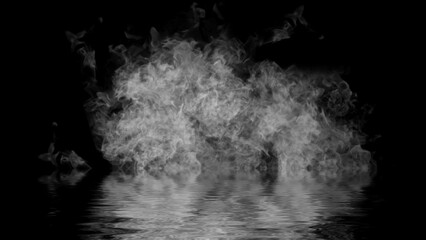 Blaze fire flame texture overlays on isolated background with water reflection.