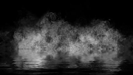 Blaze fire flame texture overlays on isolated background with water reflection.
