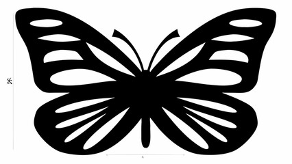 Stylized black and white butterfly with decorative wing patterns and symmetrical design elements shown