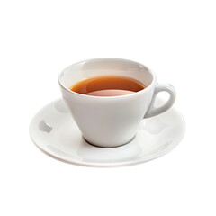 White ceramic teacup and saucer filled with light brown liquid