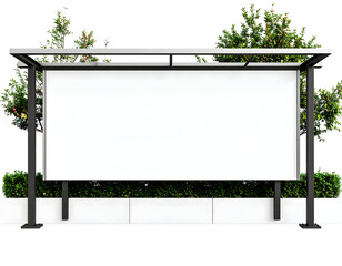 Obraz premium Modern bus stop shelter with a large blank advertisement panel surrounded by lush green foliage.