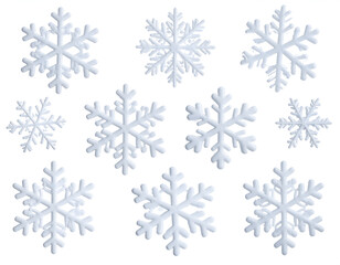 Various delicate white and icy blue snowflakes create a serene winter pattern on a pure backdrop.