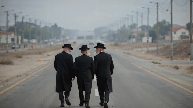 Rear Tracking Shot of Rabbis Walking Through Quiet Urban Street, Slow Cinematic Movement

