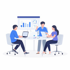 Three professionals collaborating around a table with laptops and charts  