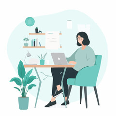 Young woman working on laptop while sitting at home desk  