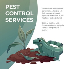 Vector pest control service template with green iguana on soil mound, cartoon square design for animal invasion alert, exotic pest danger, lawn inspection poster