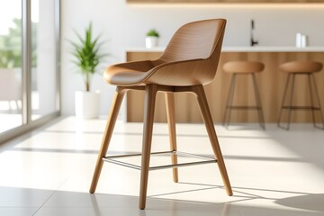 Modern Wooden Bar Stool in Bright Contemporary Kitchen