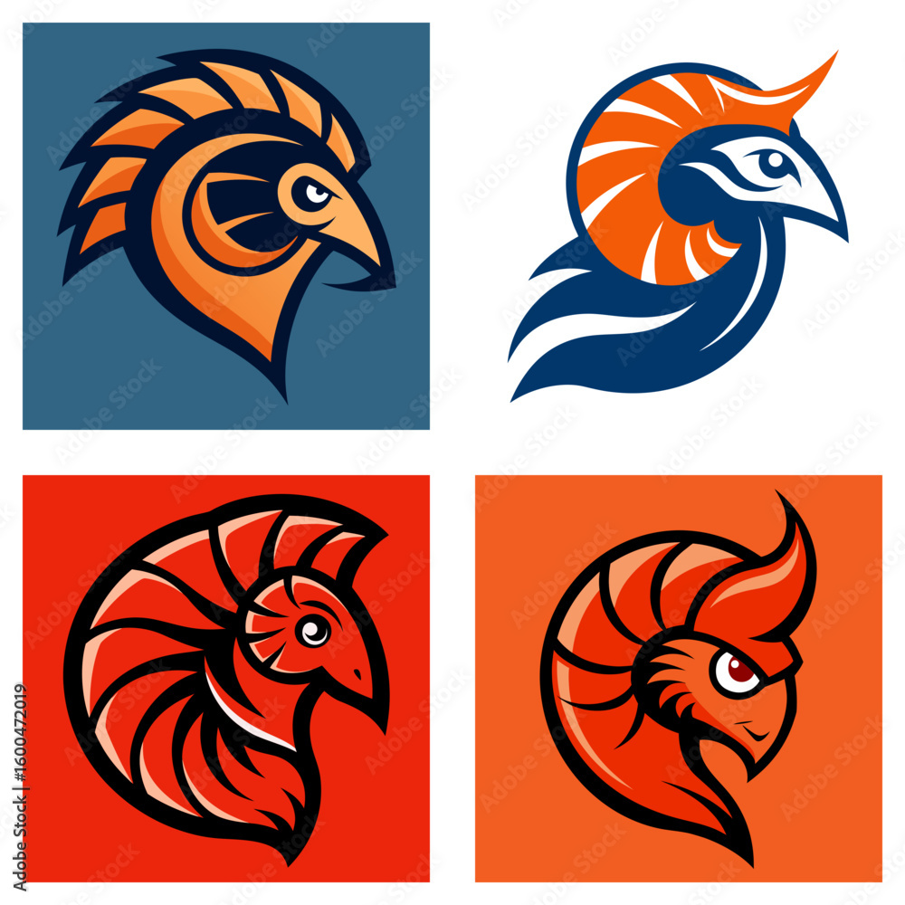 Poster collection of four stylized bird head logos in various color schemes and orientations shown in squar