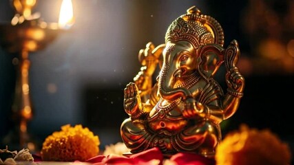 Golden Deity Statue illuminated by Oil Lamp and Falling Dust Particles - Powered by Adobe