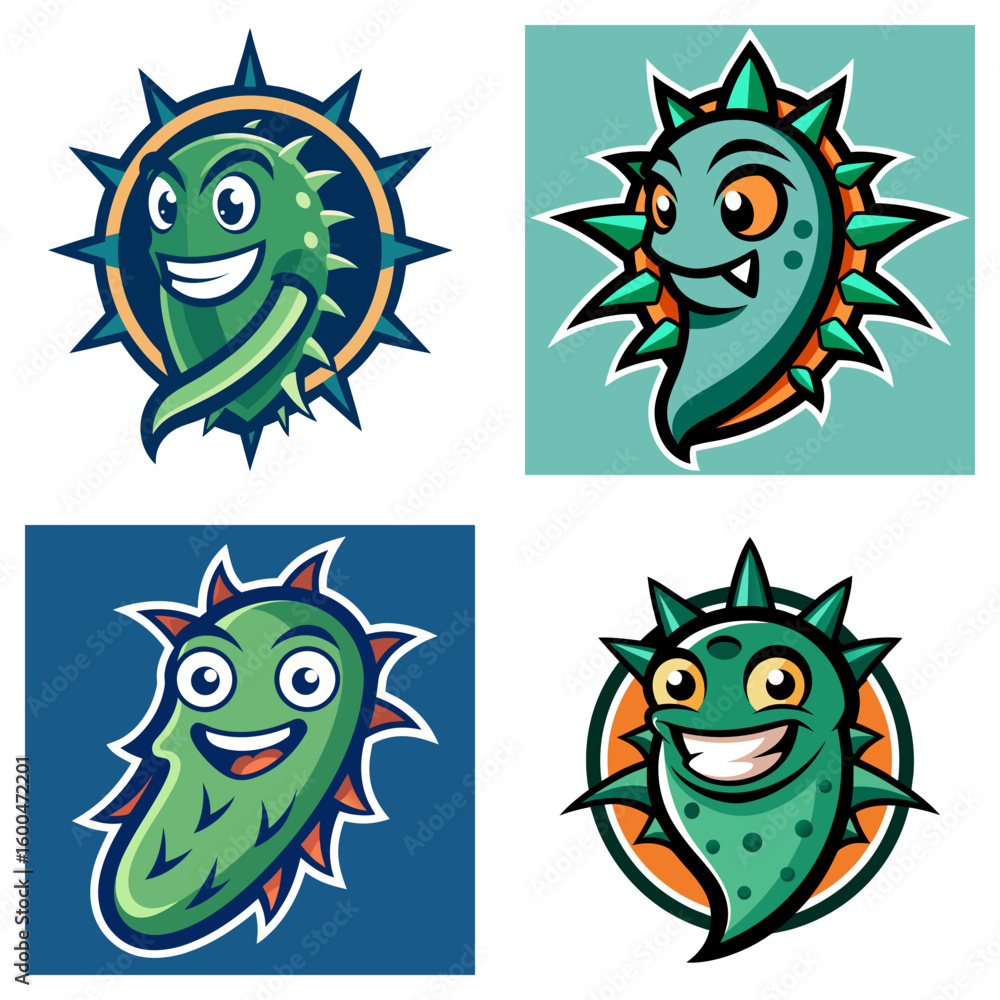 Poster four cartoonish green spiky characters with varying expressions and backgrounds are displayed here