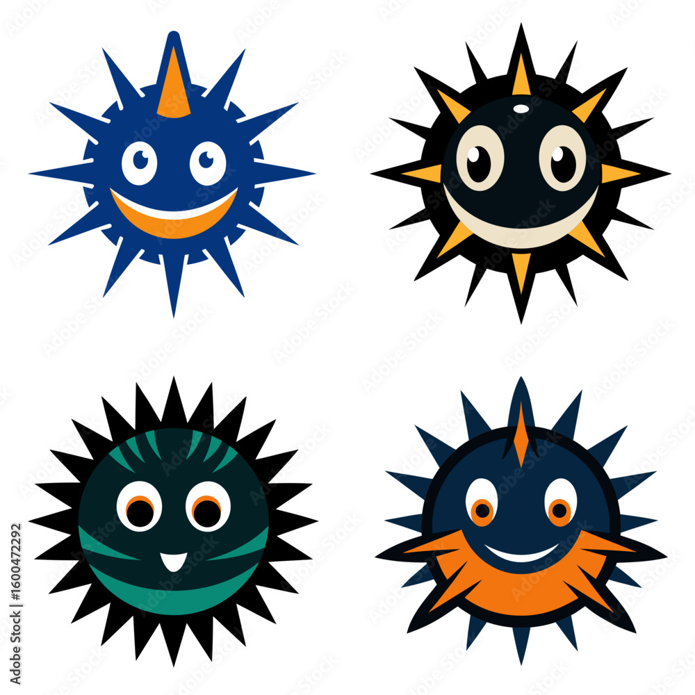 Aufkleber four cartoon sea urchins with different colors and expressions on a white background in a square lay