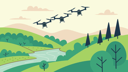 Three drones fly over a green landscape with rolling hills, trees, and a winding river in the distance