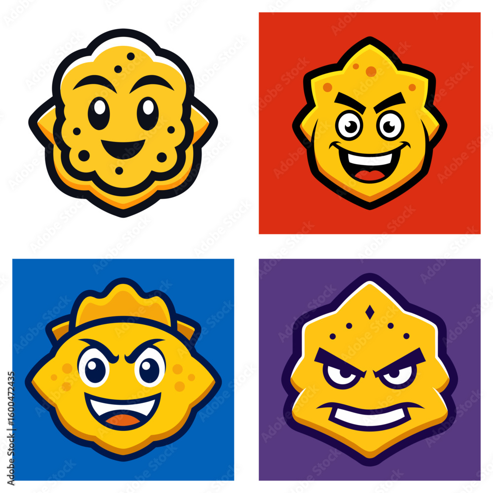 Poster four squares displaying yellow cartoon characters with different expressions on colorful backgrounds