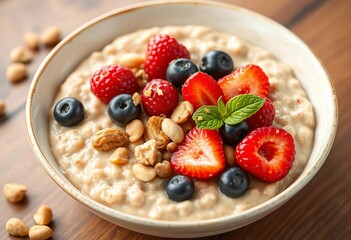 Creamy oatmeal porridge topped with vibrant fresh berries and crunchy nuts  Healthy breakfast, healthy eating, delicious
