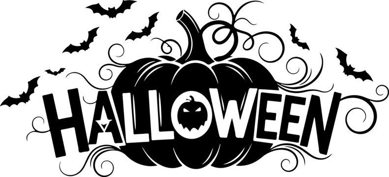 Vector art of a black silhouette of the word halloween is superimposed over a large