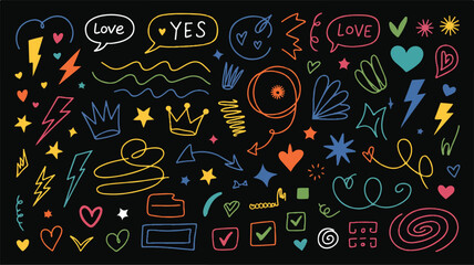 Colorful doodle elements on black background hand drawn