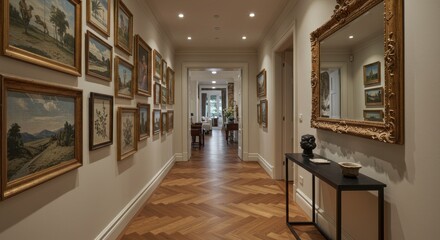 Fototapeta premium An elegant hallway displays framed artwork on one side and a decorative mirror with console table on the other. Wooden floor leads the eye forward