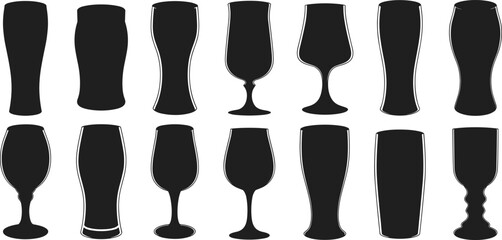 Modern drink glass silhouettes set, beer wine and cocktail shapes, black outline style, cad drawing flat vector illustration design