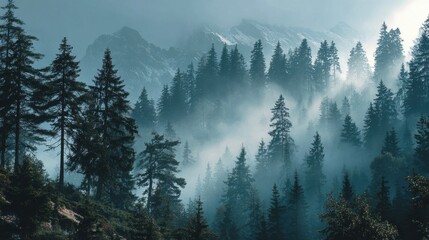 Tranquil mountain stream flows through a verdant forest with moss-covered rocks and lush green foliage on a misty morning in the Austrian Alps