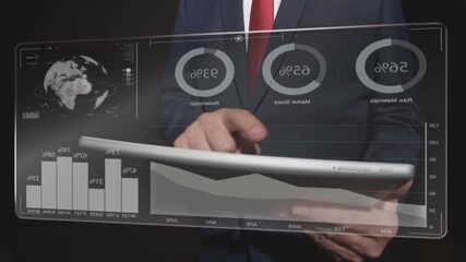 Man in suit using futuristic tablet with data visualizations and globe projection displayed on screen - Powered by Adobe
