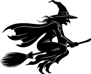 Vector art of a silhouette of a witch with a pointed hat and flowing robes is flying