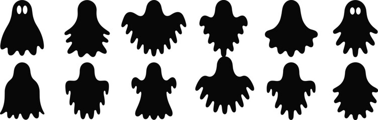 Spooky ghost silhouette icons collection, Halloween haunted cartoon spirits, scary spooky shapes, cad drawing flat vector illustration clipart pack