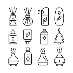 Illustration showing a set of black icons of air fresheners and diffusers on a white background