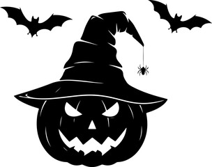 Vector art of a black silhouette of a pumpkin wearing a witch hat with a spider