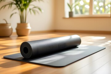 Rolled Yoga Mat on Wooden Floor with Natural Light