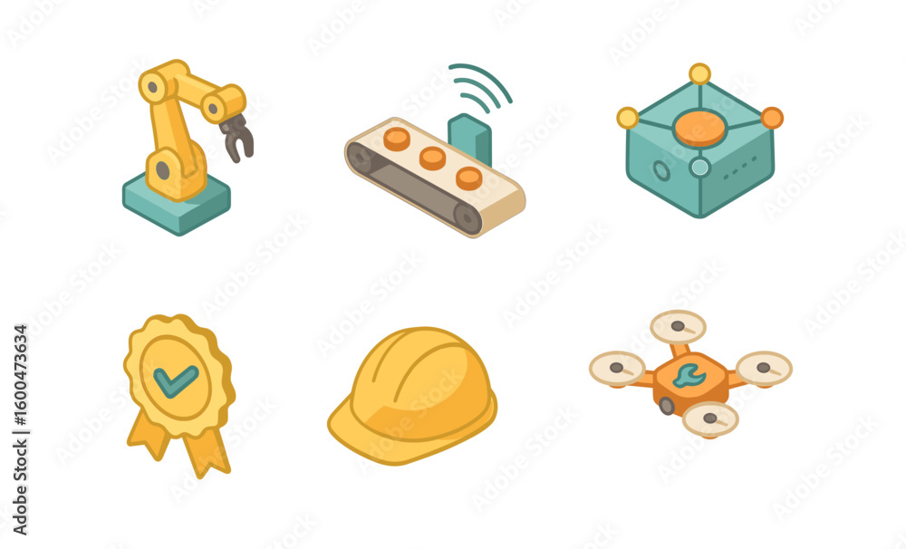 Poster isometric factory robots and drones: modern industrial icons in 3d design