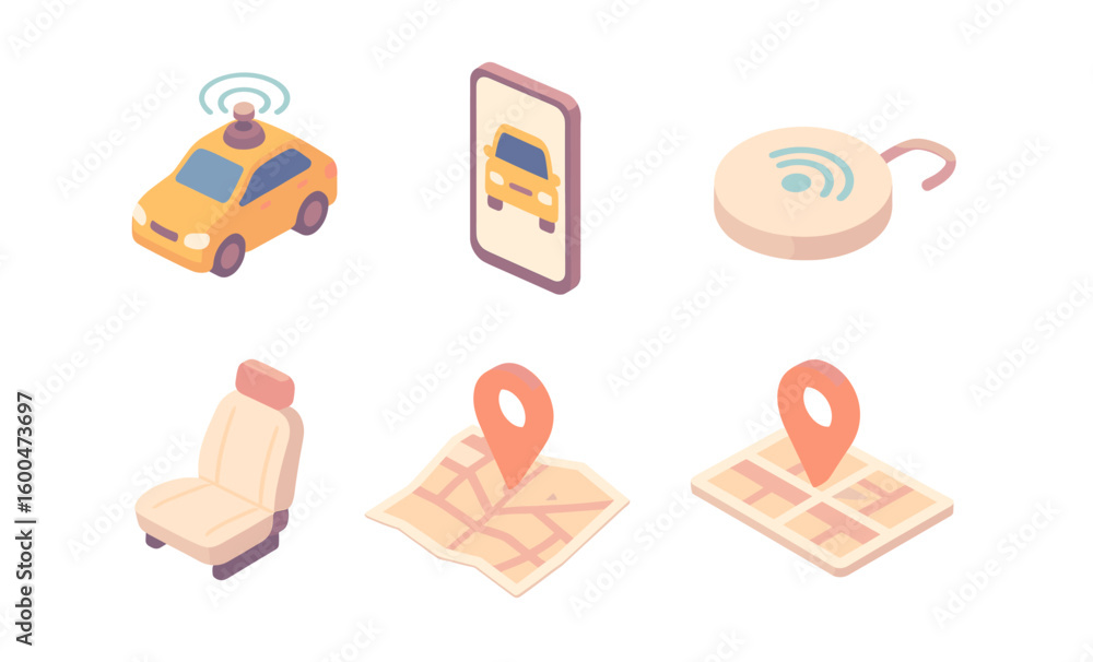 Poster isometric smart transport elements with maps and navigation icons