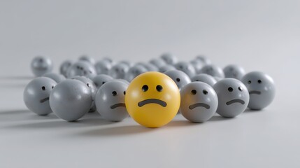 Collection of identical gray sad emoticons with a single yellow emoticon