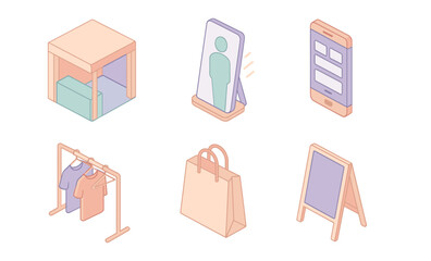 Isometric shopping elements and displays in soft pastel tones
