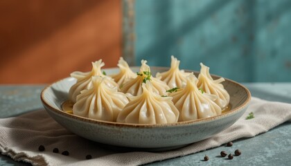 Rustic dumplings in ceramic bowl with steam and dramatic lighting on moody background Generative AI