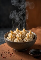 Rustic dumplings in ceramic bowl with steam and dramatic lighting on moody background Generative AI