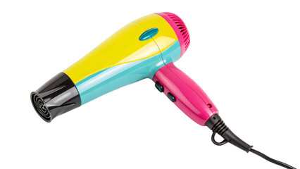 Colorful hair dryer with black nozzle and cord isolated on a transparent background