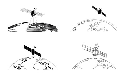 Satellite orbiting earth planet communication technology illustration for space science and global connection concept
