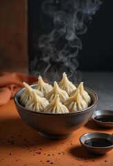 Rustic dumplings in ceramic bowl with steam and dramatic lighting on moody background Generative AI