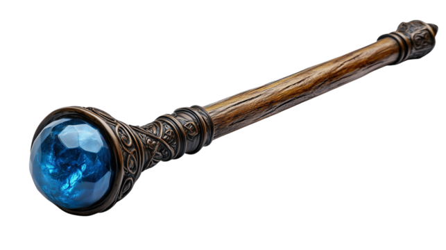 Magical wooden artifact with enchanted gemstone tip glowing in mystic blue for storytelling visuals on transparent background