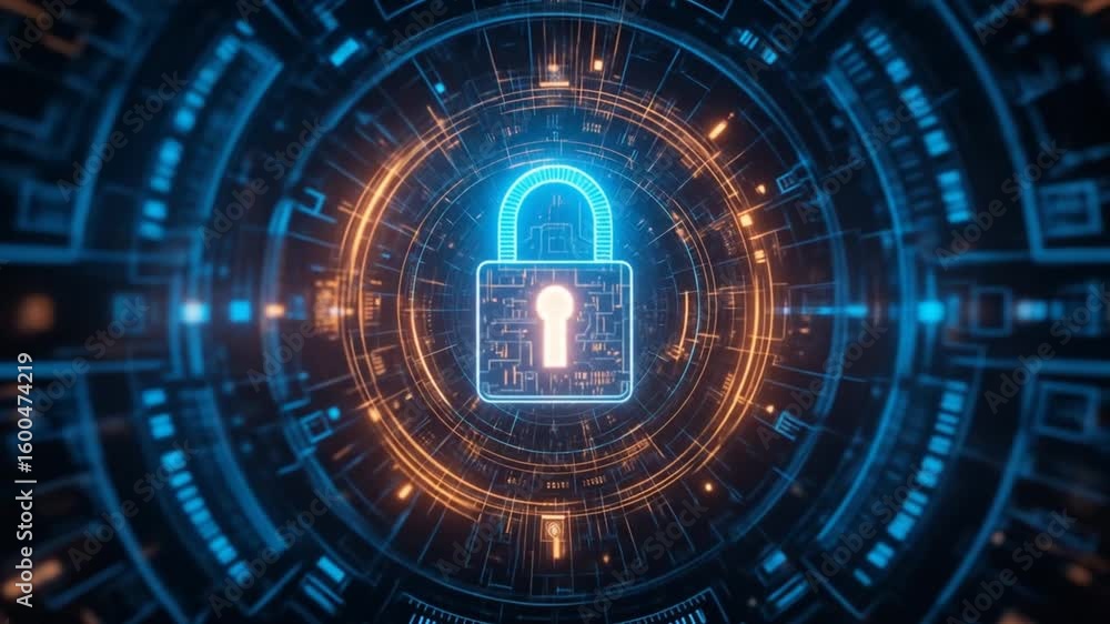 Poster futuristic digital security lock concept with glowing circuits and connection lines