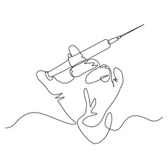 Continuous single line of hand holding syringe medical equipment for vaccination. Healthcare sketch drawing editable stroke vector illustration