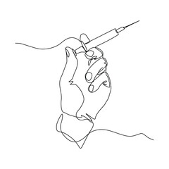 Continuous single line of hand holding syringe medical equipment for vaccination. Healthcare sketch drawing editable stroke vector illustration