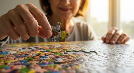 An elderly person places a puzzle piece onto a partially completed jigsaw, close-up on hands, with a soft sunlight glow
