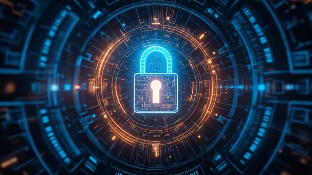 Futuristic digital security lock concept with glowing circuits and connection lines
