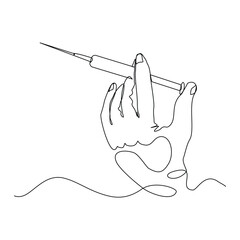 Continuous single line of hand holding syringe medical equipment for vaccination. Healthcare sketch drawing editable stroke vector illustration
