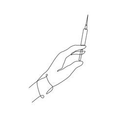 Continuous single line of hand holding syringe medical equipment for vaccination. Healthcare sketch drawing editable stroke vector illustration
